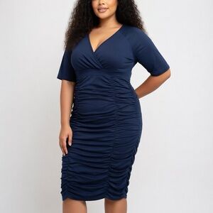Poseshe Women’s Elegant Blue Stretchy Dress w/ Ruched Detail - Size 2XL